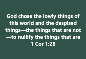 "God chose the lowly things of this world and the despised things—the things that are not—to nullify the things that are" 1 Cor 1:28 (large white text on green background)