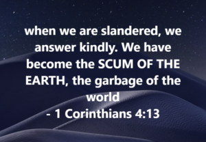 1 Cor 413 | Fountain of Life Quote from 1 Corinthians 4:13 in bold white text over a nighttime desert dunes background.