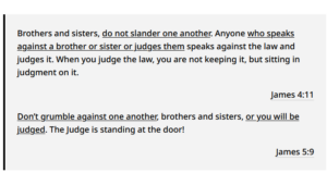 James 4 5 | Fountain of Life Card showing two Bible verses in a light gray panel: James 4:11 about not slandering or judging others, and James 5:9 about not grumbling, with the verses' text included.