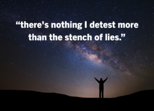 Silhouette of a person with arms raised on a hill at night, starry sky and Milky Way, overlaid with the quote about detesting lies.