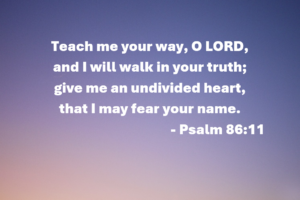 Psalm 86:11 text on a gradient background: 'Teach me your way, O LORD, and I will walk in your truth...'