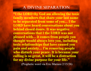 Fiery orange background with the heading “A DIVINE SEPARATION” and a long yellow quote about removing toxic relationships, attribution at bottom.
