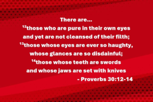 Proverbs 3012-14 | Fountain of Life Red abstract background with white text of Proverbs 30:12–14 about pride and disdainful looks.