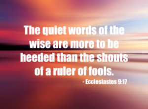 Ecclesiastes 917 | Fountain of Life Sunset gradient background with large bold white text of Ecclesiastes 9:17: 'The quiet words of the wise are more to be heeded than the shouts of a ruler of fools.'
