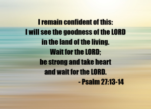 Psalm 27:13–14 quote over a blurred beach background: 'I remain confident of this: I will see the goodness of the LORD in the land of the living. Wait for the LORD; be strong and take heart and wait for the LORD.'