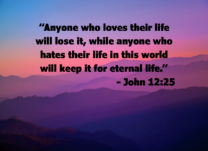 John 1225 | Fountain of Life Biblical quote from John 12:25 on a purple sunset over mountains.