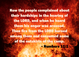 Numbers 111 | Fountain of Life Biblical verse Numbers 11:1 shown in bold white text over a blazing fire background about the Lord's anger.