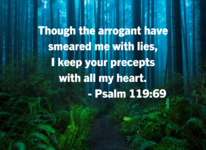 Psalm 11969 | Fountain of Life Forest path with tall trees and ferns, overlaid with bold white Psalm 119:69 verse.